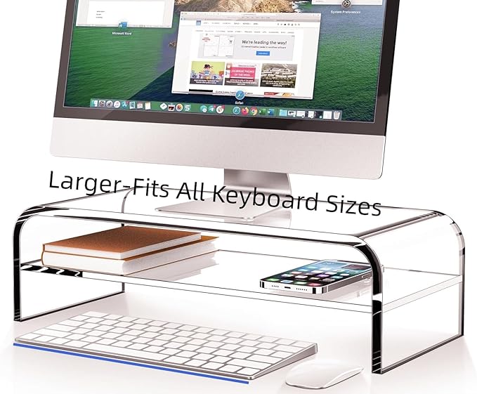 Acrylic Monitor Stand, 2 Tier Riser with Storage Shelf, Clear, 16/20 Inch, Home Office Desk Organizer (20in)