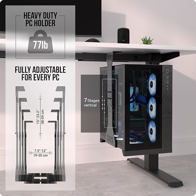 Heavy Duty Under Desk PC Holder – Up to 77 lbs Load Capacity - Adjustable Computer Tower Holder – CPU Holder Under Desk Mount - PC Holder Under Desk – Under Desk Computer Mount (Black)