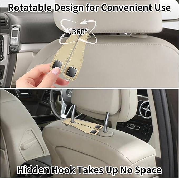 vidonio 2 Pack Double Car Seat Hooks for Headrest, Rotatable Purse Holder for Car, Premium Leather Car Hooks for Purses and Bags, Headrest Hook and Storage Accessories (Beige)