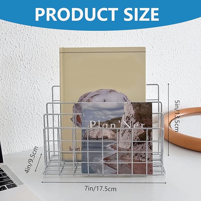 Silver Metal Desktop Organizer – 4-Slot Wire Mail Sorter, Minimalist Iron Art File Holder, Multi-Purpose Book Rack & Letter Organizer for Office, Home & School