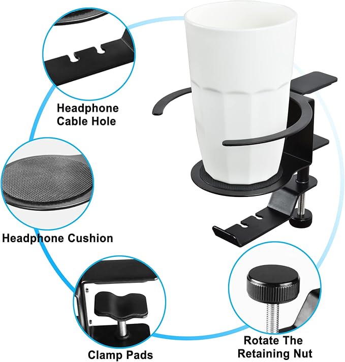 LBTING 2-in-1 Adjustable & 360 Rotating Office Gaming Accessories for Under Desk Headphone Stand, Hanging Headset, Holding Coffee Mug, Drinks, Water Bottle - Black