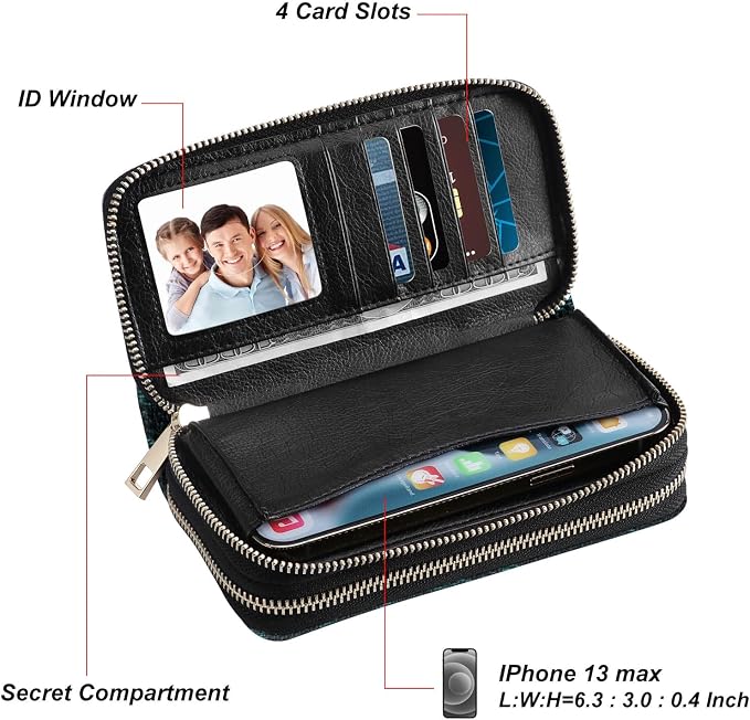 Cellphone Wallet for Women Dual Zipper Long Purse with Removable Wristlet