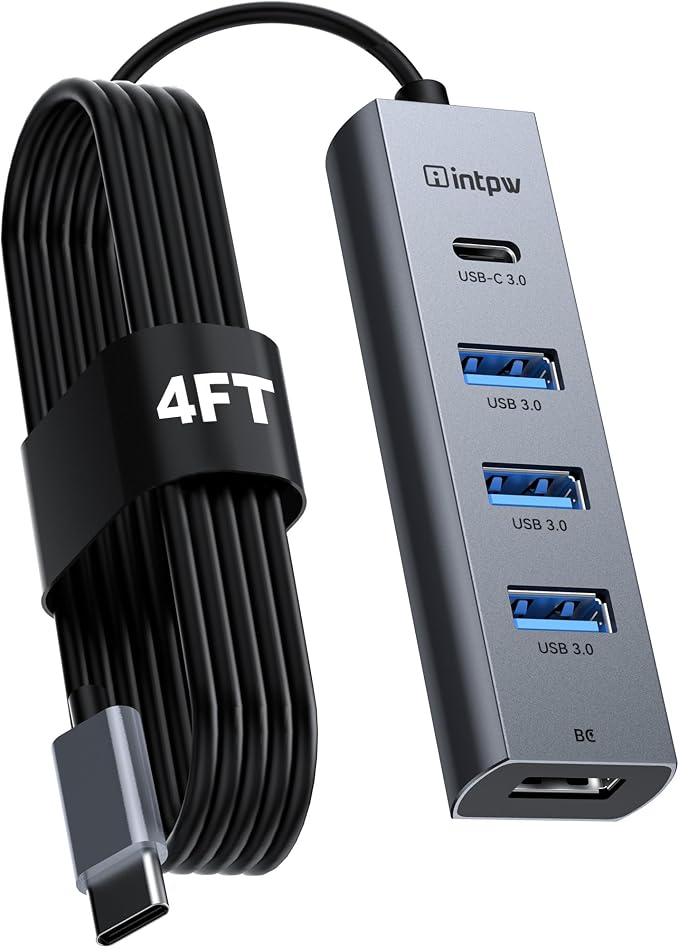 5-Port USB C Hub, intpw USB C to USB Adapter with 1 USB-C/3 USB-A 3.0 Data Ports, 5Gbps Aluminum Multiport USB-C Hub Adapter Long Cable for Laptop, MacBook, iPad, PC(4FT)