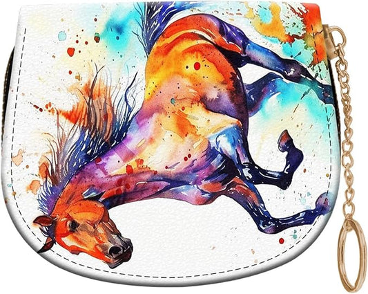 Women's Slim RFID Wallet – Compact Leather Card Holder Wallet for Women, 9 Card Slots RFID Blocking Credit Card Organizer, Small Travel Wallet - Watercolor Horse