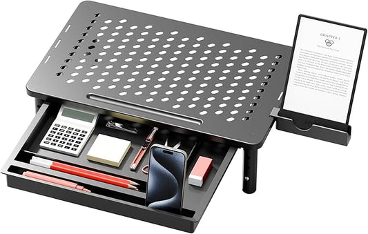 Computer Monitor Stand Riser with Storage, 3 Height Adjustable Laptop Desktop Monitor Stand with Drawer, Metal Short Printer Table, Stand Riser for Desk, Office Desk Organizers and Accessories, 1 Pack