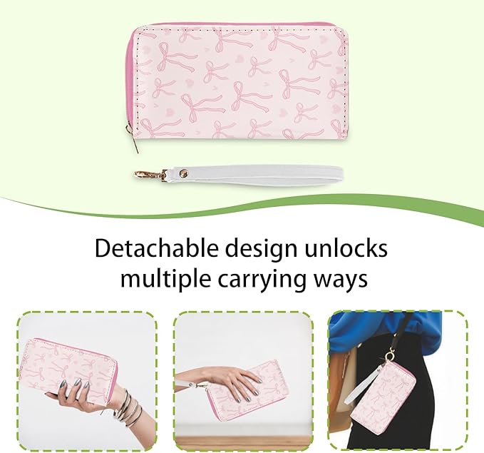 Pink Bow Wallet for Women - Slim PU Leather Womens Wallet with Cash Zipper Coin Purse, Small Credit Card Holder Travel Wallet, Wristlet Wallets for Female Ladies Teen Girls Purse (Girly Gift)
