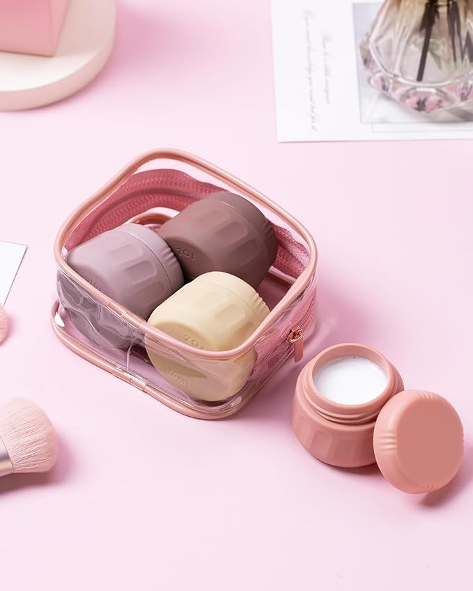 Mrsdry Travel Containers for Toiletries, TSA Approved Travel Size Toiletries 4 Pack, Refillable Containers, With Clear Bag, Leak Proof Silicone Jars, Essentials Creams Jars Carrying Small Items