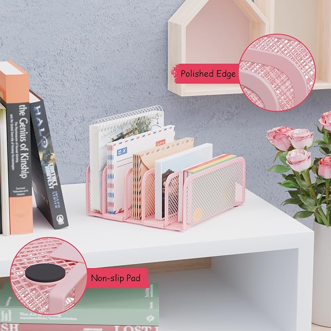 Mail Organizer Countertop, Metal File Holder with 5-Slot, Small Desk File Organizer for Letter, Bill, Mail Sorter, Desktop Letter Folder Holders for Office, Home, School (Pink)