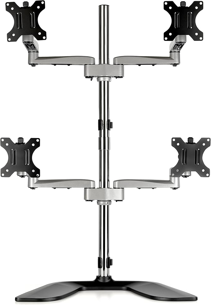 StarTech.com Desktop Quad Monitor Stand - Ergonomic VESA 4 Monitor Arm (2x2) up to 32" (17.6lb/8kg) - Free Standing Articulating Universal Pole Mount - Height Adjustable/Tilt/Swivel/Rotate (ARMQUADSS)