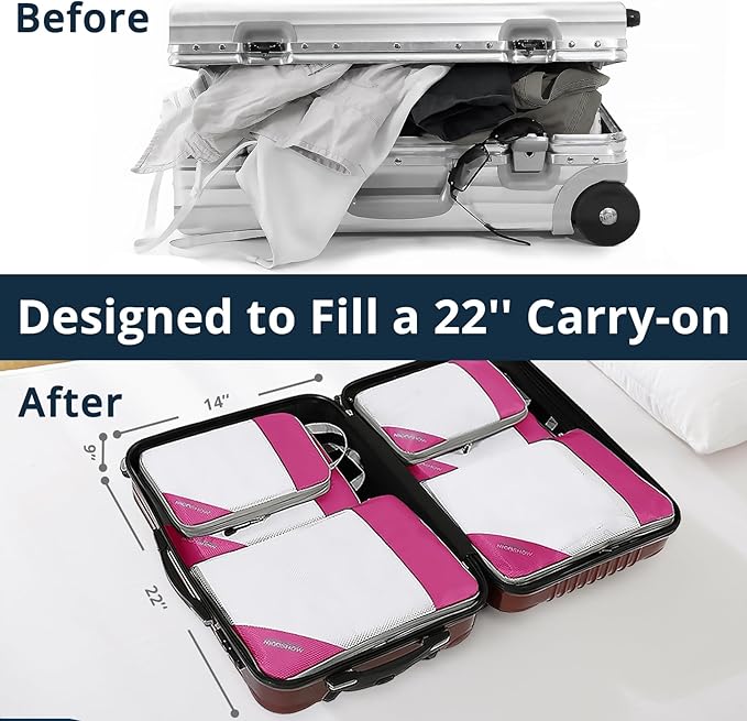 Compression Packing Cubes 6 Set, Compressible Space-Saving Packing Cubes for Travel - Compression Bags, Luggage Organizer, Travel Essentials for Women, Hot Pink