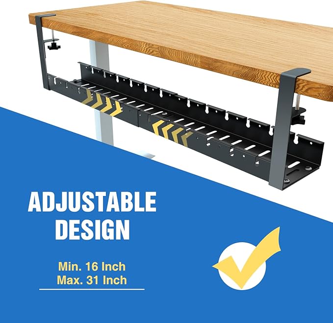 No Drilling Extendable Under Desk Cable Management, Metal Cable Management Tray Under Desk with Clamp, Retractable Power Strip Cord Holder for Wire Management 31Inch(1 Pack Black Extendable 31')
