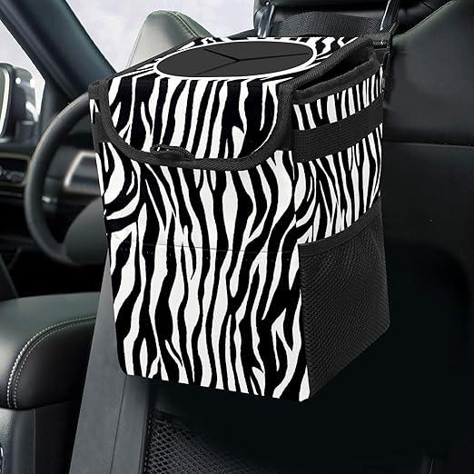 Car Trash Can Leopard Print Zebra Skin Wate-rproof Auto Garbage Bag Car Trash Can with Lid Leak-Proof Car Storage Bag Hanging for Headrest Collapsible and Portable with Storage Mesh Pocket