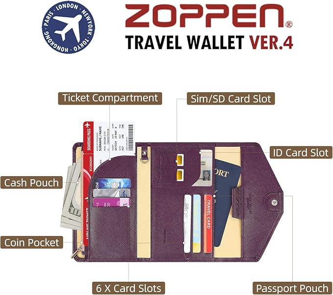 ZOPPEN Mulit-purpose Rfid Blocking Passport Holder Travel Wallet (Ver.4) Passport and Vaccine Card Holder ComboTri-fold Document Organizer Travel Essentials