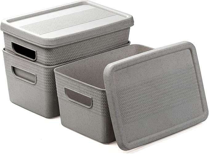 BINO | Plastic Storage Bins with Lids, 5 Liter - 3 Pack, Natural Grey | THE BRAIDED COLLECTION | Plastic Bins for Organization Woven Storage Baskets for Organizing Pantry Shelf Organizer Basket Bin