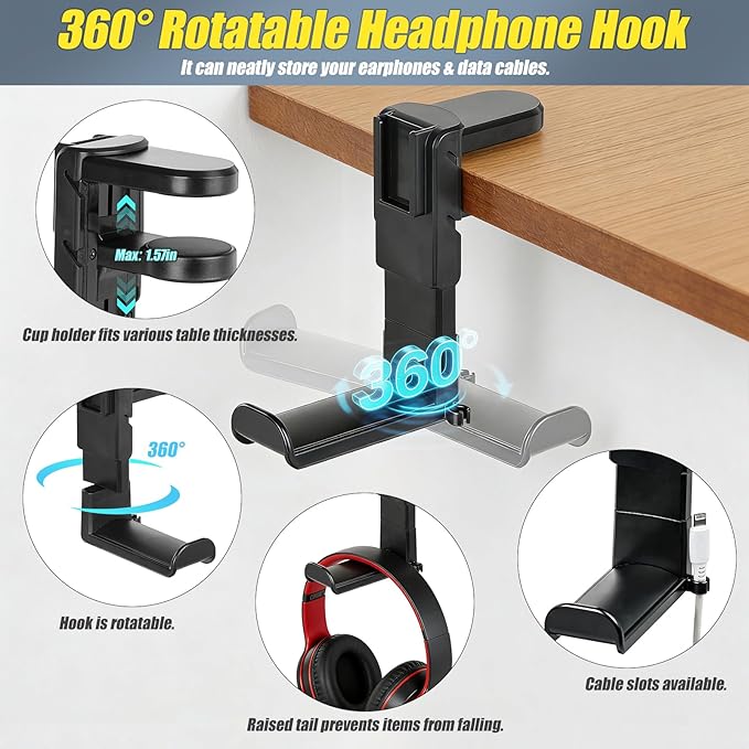 MYITYARD 4 in 1 Desk Cup Holder Clamp, Detachable Clip On Drink Holder with Rotating Headphone Hanger, Anti-Spill Desktop Organizer Pen Holder for Mug, Pen, Phone, Gaming Office Desk Accessories