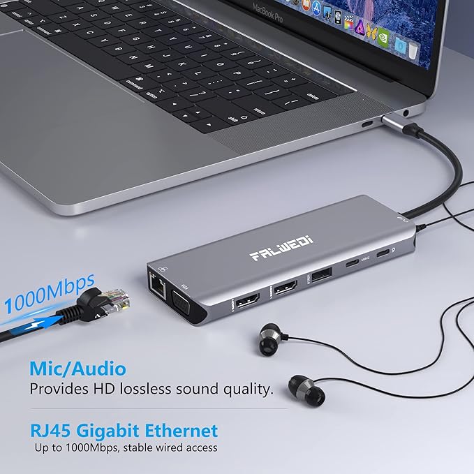 USB C Laptop Docking Station, 14 in 1 Type C Hub Multiport Adapter Dongle with 3 Monitors, Dual HDMI, VGA, PD, Ethernet, SD/TF, USB C/A Ports, Mic/Audio, Compatible for Dell/Surface/HP/Lenovo Laptops