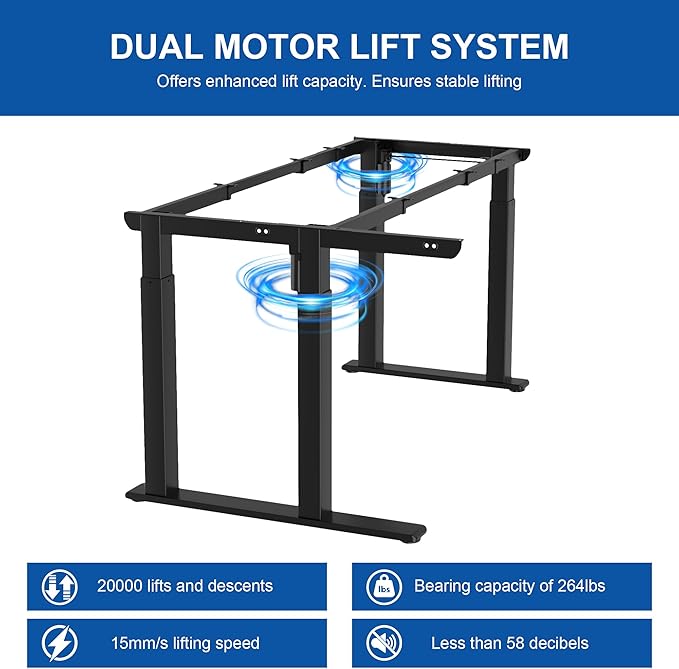 4-Leg L-Shape Standing Desk Frame Dual Motor, Electric Corner Legs Compatible Desktop Size 55??71?? 264 lbs Weight Capacity, Anti-collision Detection Stand Up Desk Frame Workstation, Black Frame Only