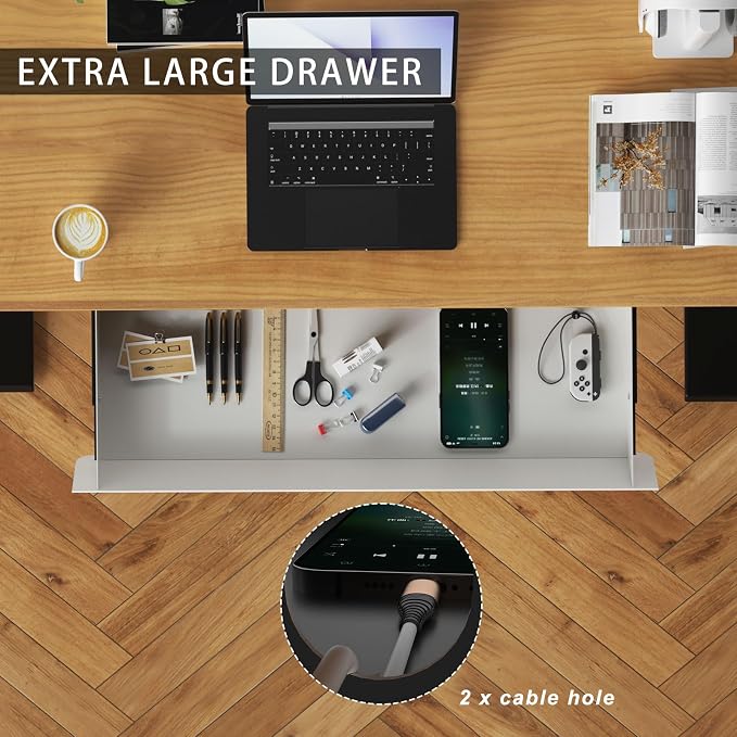 White Large Under Desk Mounted Sliding Drawer with 2 Cable Hole and 60 Degree Tilt Panel to Pull Out, 22.4'' Long & 9.2'' deep Large Storage Organizer for Sit Stand Workstation