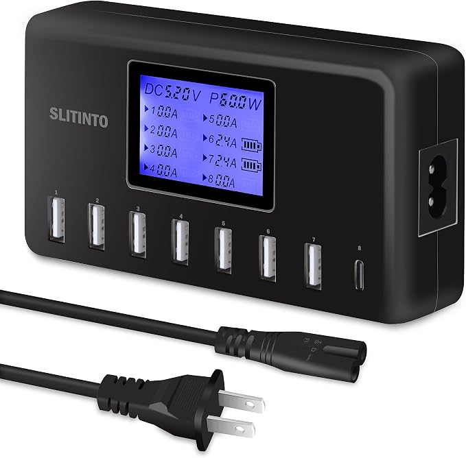 60W 12A 8-Port USB Charging Station - Multi Port USB Hub Charger - Compact Size LCD Display - Compatible with iPhone iPad Samsung Kindle Tablet Bluetooth Earbuds and More