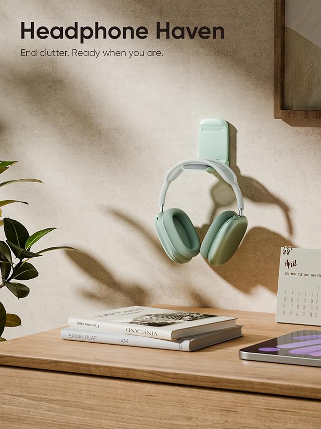 MAMUVIMO Headphone Stand, 2 Pack Headset Stand Foldable＆Sticky, Headphone Holder Hook Mount with Non-Slip Silicone, Adhesive Earphone Desk Hanger Clip Space-Saving for Airpods Max, All Earphones-Green