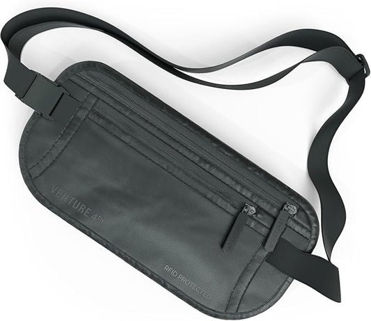 VENTURE 4TH Money Belt for Travel – Hidden Under-Clothes RFID Blocking Passport Holder & Slim Travel Wallet Pouch for Men & Women to Protect Cash, Cards & Documents (Sleek Gray)