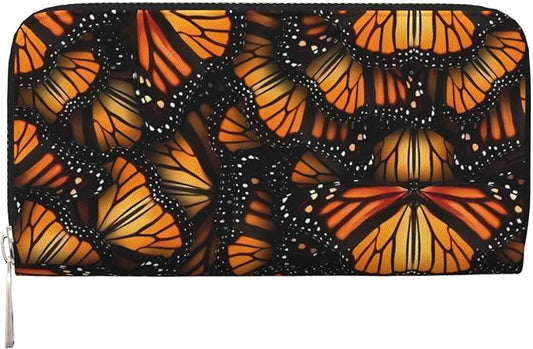 Orange Monarch Butterflies Wallet for Men Women Elegant Long Clutch Zip Around Travel Leather Coin Purse Large Capacity Credit Card Holder Handbag