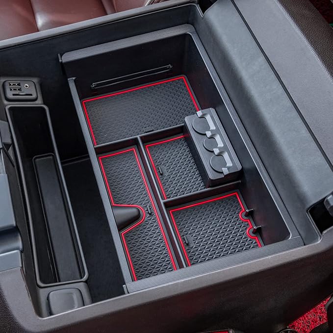 JKCOVER Compatible with Chevy Silverado/GMC Sierra 2014-2018 and Chevy Tahoe Suburban/GMC Yukon 2015-2020 Center Console Organizer Tray Accessories-Full Console w/Bucket Seats ONLY - (Red Trim)