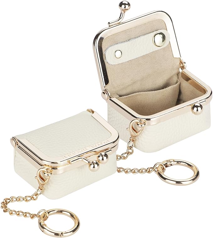 Royal Bagger Genuine Cow Leather Mini Jewelry Box Women's Coin Purse Solid Color Kiss Lock Change Pouch Casual Style Small Storage Bag for Women 1894 (White with Chain)