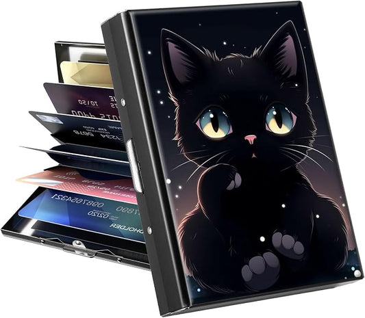 Metal Wallet for Women Men Girls, RFID Blocking Slim Aluminum Credit Card Holder, Mini Travel Wallet with Hard Shell, Lightweight ID & Business Card Case,Cute Black Cat