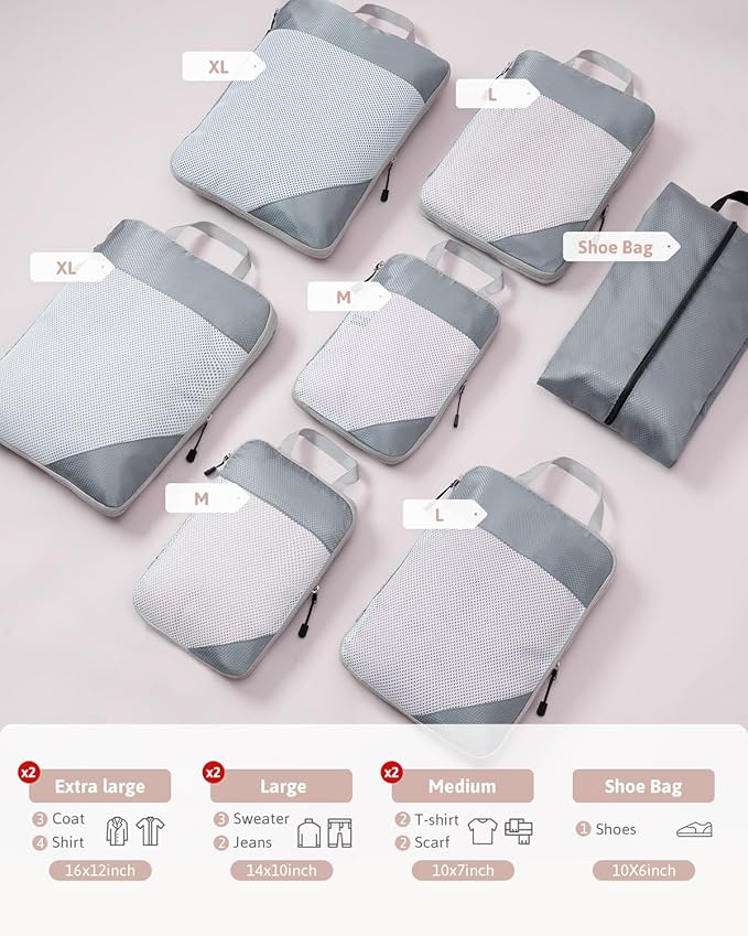 Meowoo 7 Set Compression Packing Cubes for Travel, Durable Ripstop Mesh Suitcase Organizer with Shoe Bag, Ultralight & Expandable Space Saver Travel Cubes