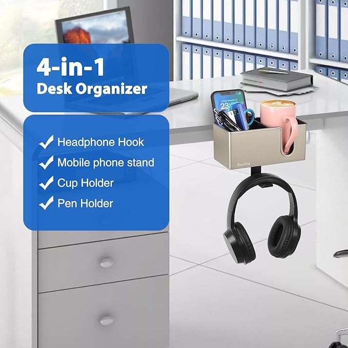 Rosyline 3-in-1 Desk Cup Holder & Clip-on Cup Holder, Clip on Desk Organizer – with Anti-Spill Function, Keeps Your Coffee, Headset, Phone & Pens Within Easy Reach, for Office Desk (Champagne)