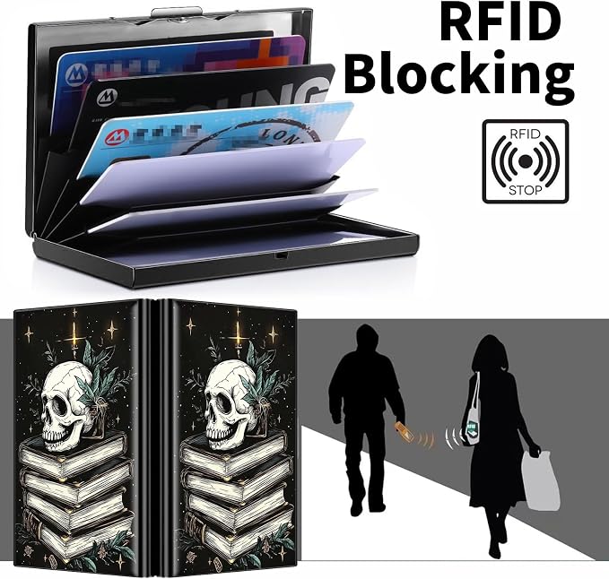 Metal Wallet, Credit Card Holder for Women Men Girls, RFID Blocking Aluminum Wallet Slim Hard Case, Mini Travel Wallet, ID Card Holder Business Card Case,Skull Books