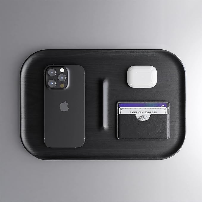Catchall Tray Wooden Premium Walnut Wood Valet EDC Tray for Desk Bedside Table Jewellery Display Organiser Key Wallet Watch Phone Concierge (Black)