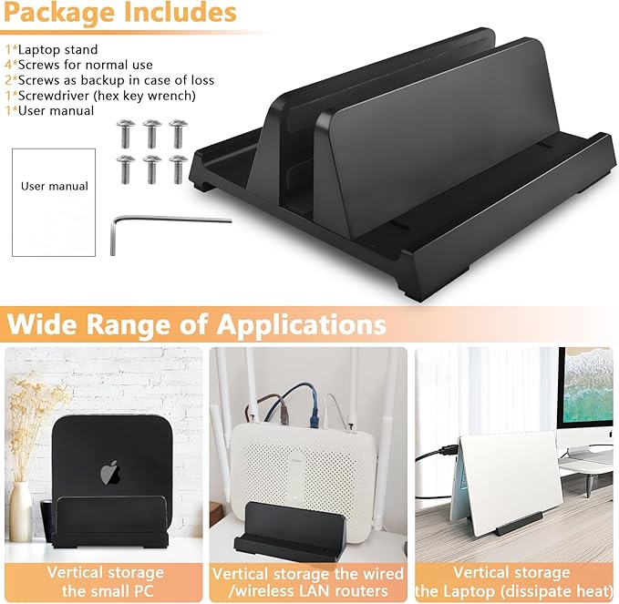 Vertical Laptop Stand Holder, ABS Organizer with Adjustable Dock, All in 1 Design Space-Saving, Sturdy Laptop Computer Holder for PC up to 17.3 inches, MacBook, Mini PC, Pad, Phone (Black, 1 Slot)
