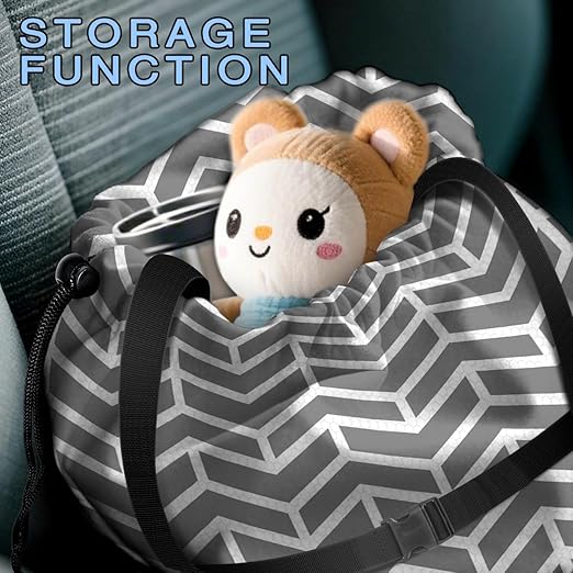 Car Trash Bag Hanging Back of Seat with Adjustable Snap Buckle Strap Cute Printed Drawstring Garbage Bags for Car-Grey White