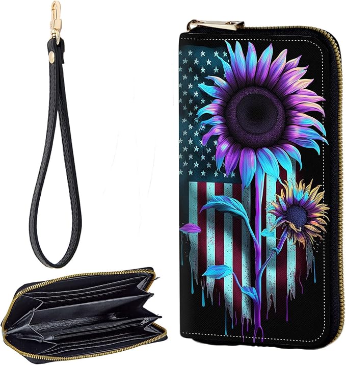 Zip Around Wallets for Women with Detachable Wrist Strap, Large Capacity RFID Blocking Leather Purse Organizer Card Holder Wristlet,American Flag Sunflower