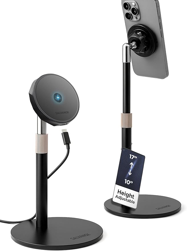 GALVANOX Magnetic Fast-Charging Desk Phone Stand (Adjustable Height) Compatible with MagSafe, Tall Wireless Charger, Heavy Metal Base (15W) Desktop iPhone Holder, Great for Office/Video Calls