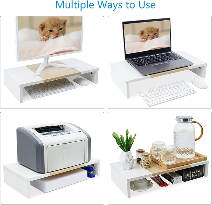 TEAMIX 3 Tiers 20 Inch Desktop Monitor Stand Riser Printer Stand for Desk Organizer (White+Maple)