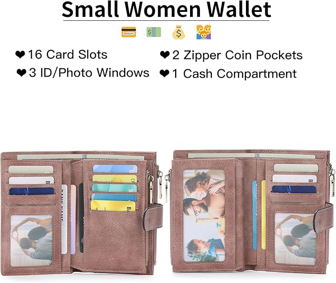 GOIACII Womens Wallets RFID Blocking Leather Trifold Clutch Wallet Credit Card Holder Ladies Purse 3 ID Windows Pink