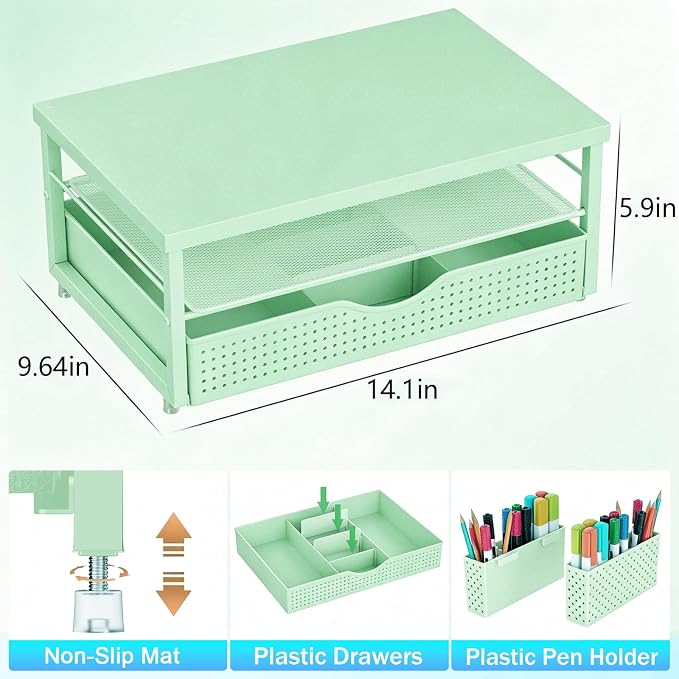 gianotter Desk Organizers and Accessories, Monitor Stand with Drawer and 2 Pen Holder, Desktop Organizer Suitable for Offices and Dormitories (Sage Green-Plain)