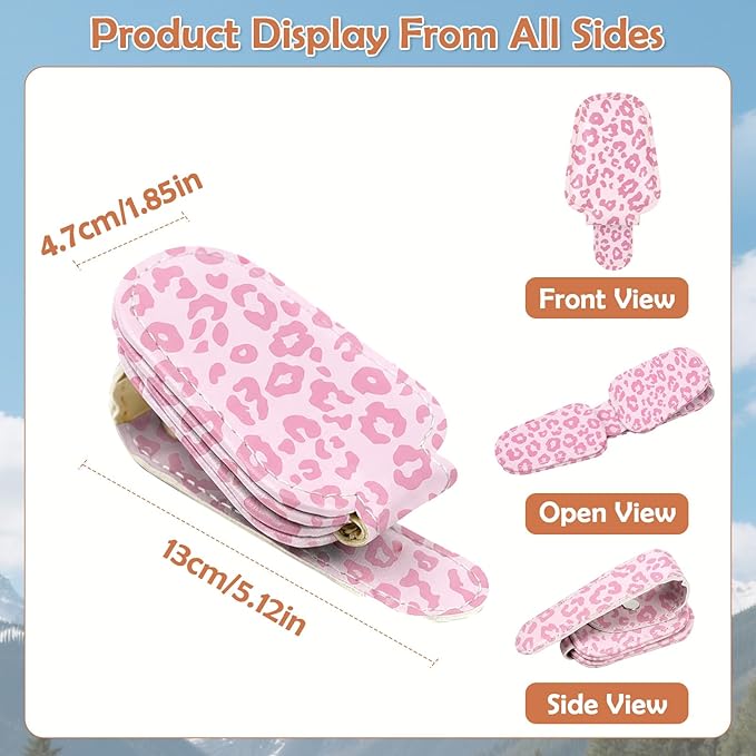 Sunglasses Holder for Car Visor - 2 Packs Pink Leopard Magnetic Leather Sunglasses Clip for Car Pink Visor Sunglass Holder Ticket Card Hanger Clips Auto Interior Accessories for SUV Truck