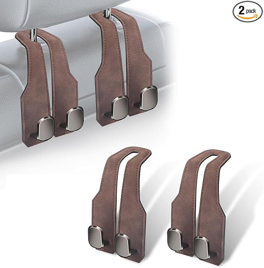 2Pcs Car Headrest Hooks with Premium Leather, Upgraded Double Metal Hooks with Anti-Drop Design, Universal Back Seat Hanger for Bags, Coats, Purses and Groceries (Stylish Brown)