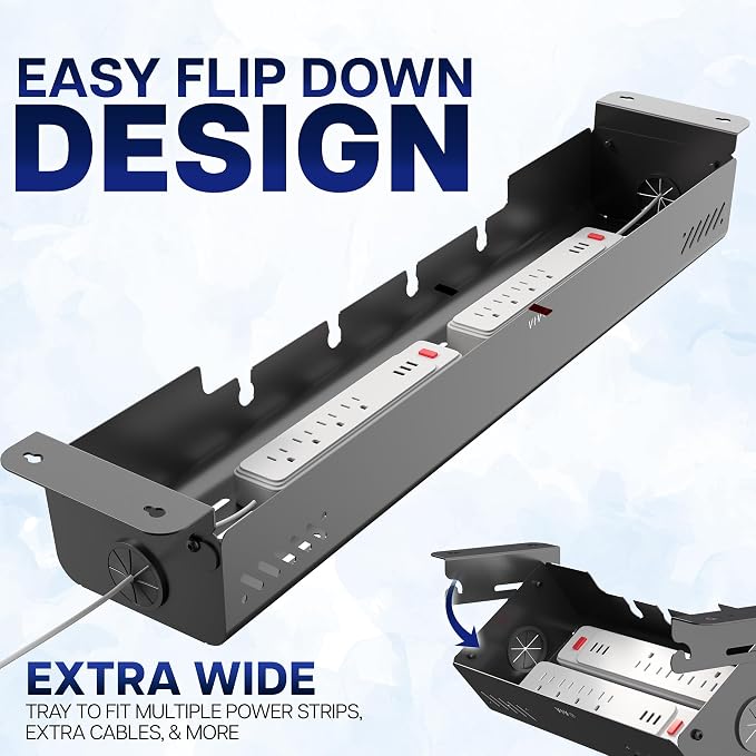 VIVO 35 inch Screw-On Under Desk Cable Management Box with Flip-Open Lid, Easy-to-Open Steel Cord and Power Strip Organizer, Cable Organizer Tray, 11 lbs Capacity, Black, DESK-ACMB35-S
