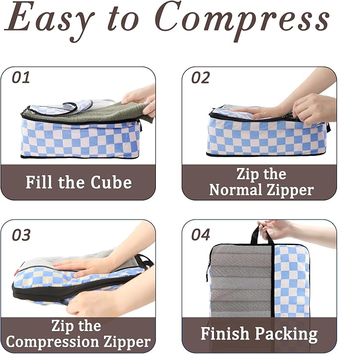 U+U 6 Set Compression Packing Cubes - Ultralight Travel Organizers with Laundry Bag, Space-Saving Suitcase Organizer for Travel, Business Trip and Family Vacation (Blue Checkered)