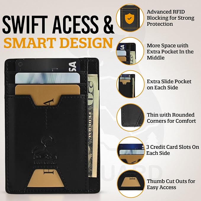 BULL GUARD Mens RFID Blocking Leather Slim Card Case Wallet with Easy Access ID windows, Cash & Card Slots, Crafted with Premium Top Grain Leather Ideal for Travel or Everyday Use (Nappa Black)