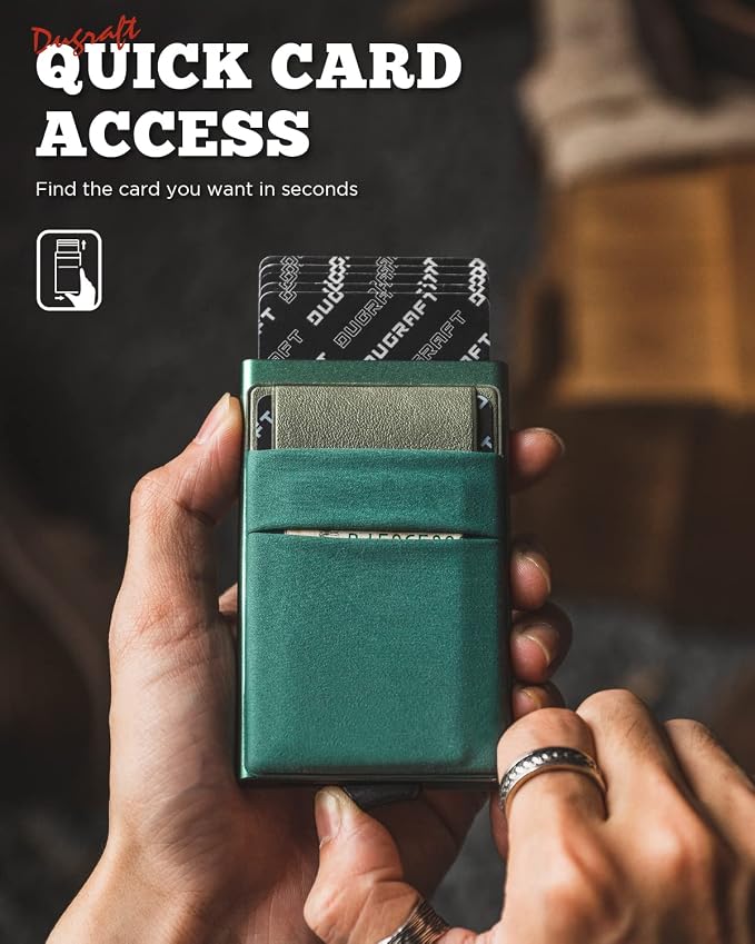 DUGRAFT Minimalist Card Wallet for Men, Slim Wallet Card Holder Pop Up Wallet with Front Pocket RFID Blocking Metal Credit Card Case for Men, Small Smart Wallet, Gift Box Packaging (Midnight Green)