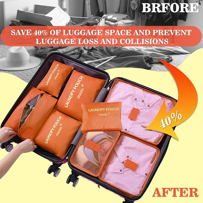 8 Set Packing Cubes for Travel Luggage Packing Bags Reusable Waterproof Suitcase Organizer Cubes Set with Shoe Bag and Toiletry Bag (Orange)