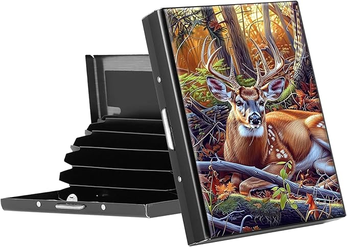 RFID Blocking Credit Card Holder - Slim Metal Wallet for Women & Men,Deer In Forest Design Stainless Steel Business Card Case,Compact Pocket Organizer for Travel & Daily Use