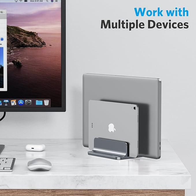 OMOTON Vertical Laptop Stand [Updated Double Version], Desktop Aluminum Mac Book Stand with Adjustable Dock Size, Fits All Mac Book, Surface, Chrome Book and Gaming Laptops (Up to 17.3 inch) (Grey)