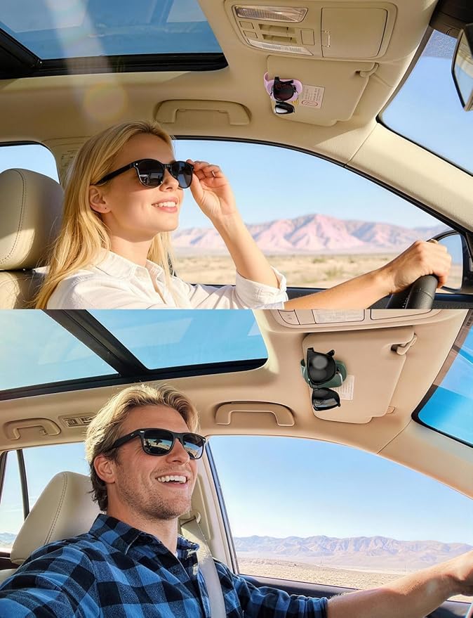 Sunglass Holder for Car Visor, One-Handed Operation Leather Sunglasses Clip with Soft Padding, Auto-Clamping Eyeglasses Organizer for Sun Visor, Universal Car Accessories (Pink)